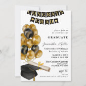 黒とモダン金ゴールドの風船の写真卒業 招待状 (正面)