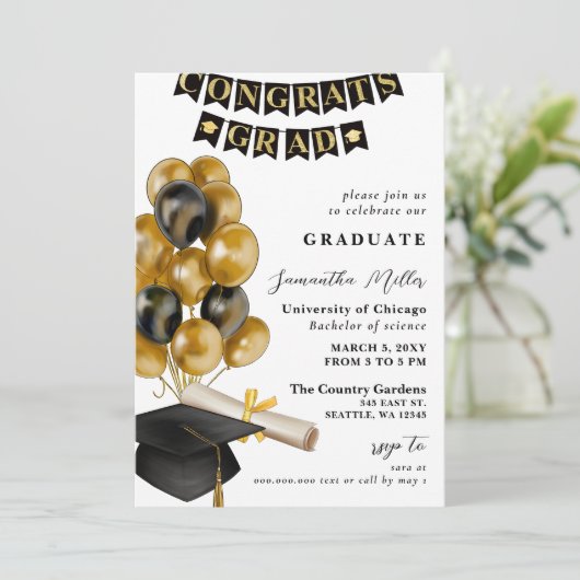黒とモダン金ゴールドの風船の写真卒業 招待状 (スタンド正面)