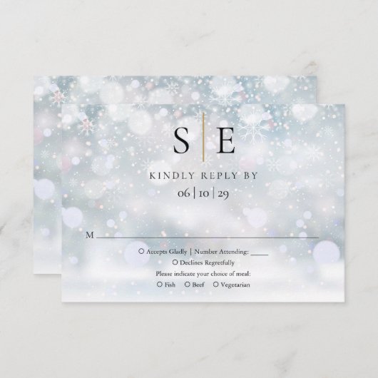黒とモダン金ゴールドモノグラム冬の結婚式RSVP 出欠カード (正面/裏面)