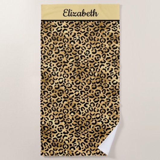 黒とモノグラムの金ゴールドヒョウ印刷チーズ ビーチタオル (正面)