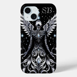 黒とモノグラムの銀のタトゥーエンジェル iPhone 15ケース