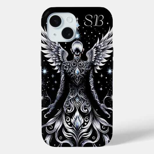 黒とモノグラムの銀のタトゥーエンジェル Case-Mate iPhoneケース (裏面)