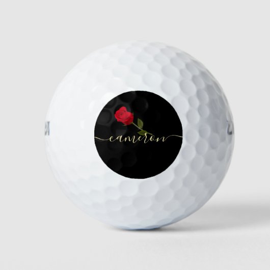 黒とモノグラームの金ゴールドに赤いバラ ゴルフボール (正面)