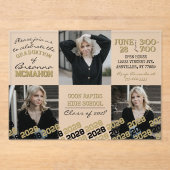 黒とユニーク金ゴールド卒業3写真フロステッド アクリル招待状 (正面)