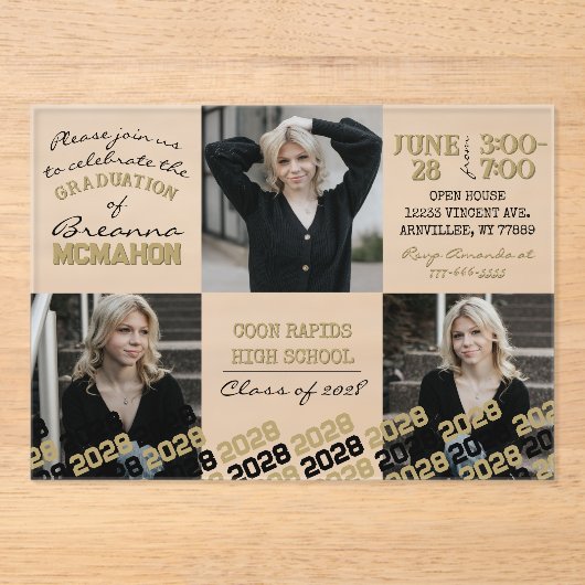 黒とユニーク金ゴールド卒業3写真フロステッド アクリル招待状 (正面)