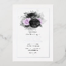 黒とライラックの花柄の結婚式箔押し招待状