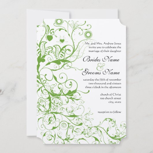 黒とリンゴ緑の鳥の渦巻きウェディング招待 招待状 (正面)