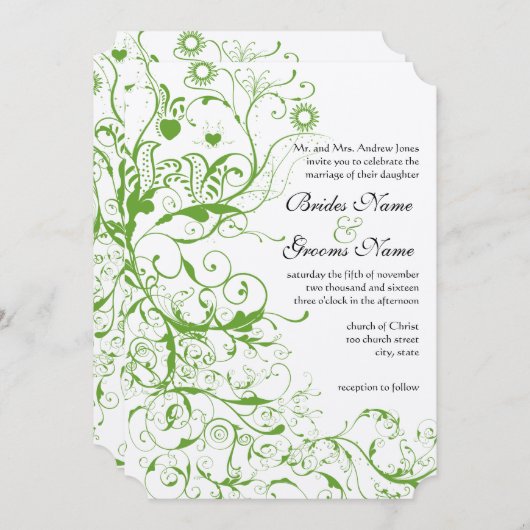 黒とリンゴ緑の鳥の渦巻きウェディング招待 招待状 (正面/裏面)