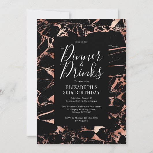 黒とローズゴールドの大理石　30歳の誕生日 招待状 (正面)
