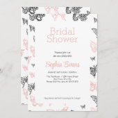 黒とローズゴールドの蝶々 白のブライダルシャワー 招待状 (正面/裏面)