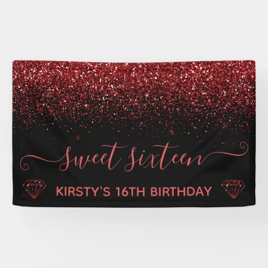 黒と偽物の赤のグリッターが輝くスイート16 横断幕 (横)
