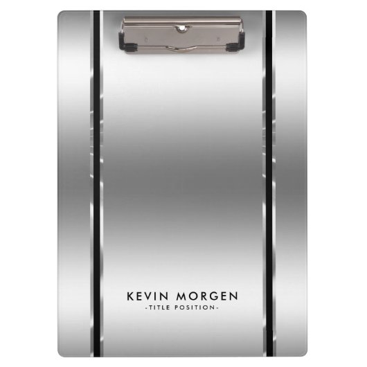 黒と光沢のあるメタリックシルバーグレーストライプの クリップボード (正面)