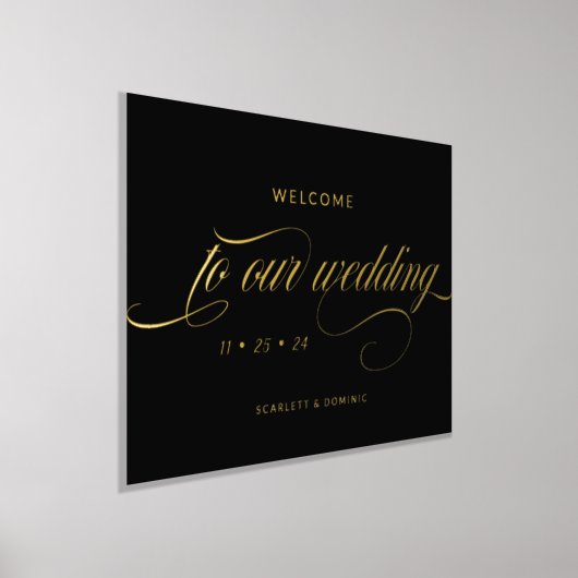 黒と光沢のある書道結婚の歓迎サイン 箔ポスター (レイダウン)