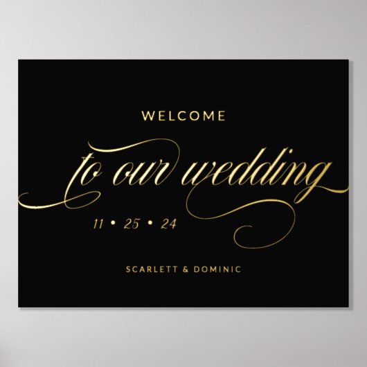 黒と光沢のある書道結婚の歓迎サイン 箔ポスター (正面)