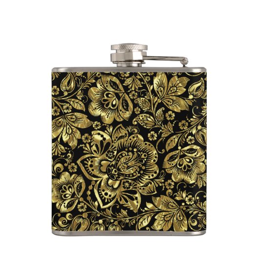 黒と光沢のある金ゴールドの花模様 フラスク (裏面)