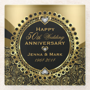黒と光沢のある金ゴールド50結婚周年 ガラスコースター