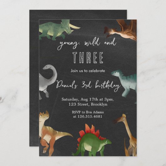 黒と印刷可カラフル能な恐竜誕生日 招待状 (正面/裏面)