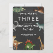 黒と印刷可カラフル能な恐竜誕生日 招待状 (正面)