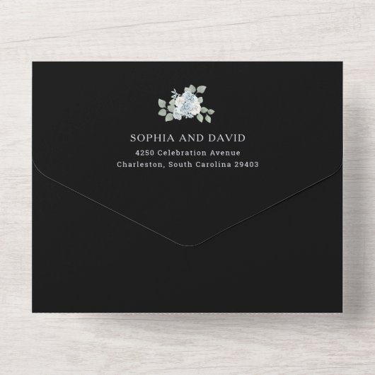 黒と埃っぽい青のフローラ | 水の色結婚の オールインワン招待状 (裏面)