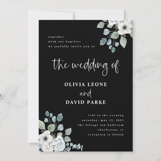 黒と埃っぽい青のフローラ | 水の色結婚の 招待状 (正面)