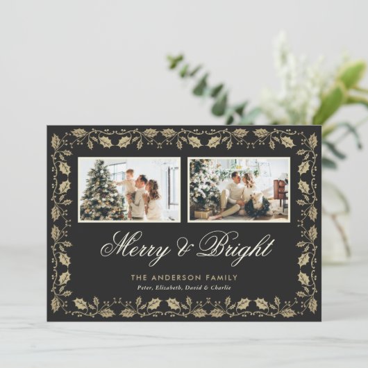 黒と明メリーるい家族の写真クリスマス シーズンカード (スタンド正面)
