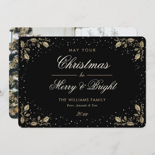 黒と明メリーるい雪ホリー写真クリスマス シーズンカード (正面/裏面)