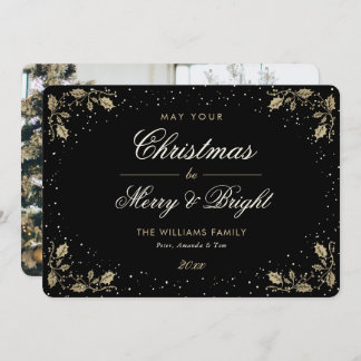 黒と明メリーるい雪ホリー写真クリスマス シーズンカード