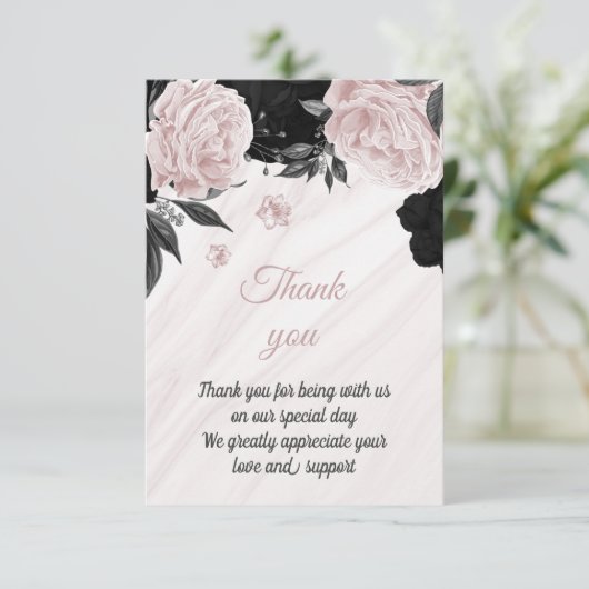 黒と柔らかいピンクの植物大理石 サンキューカード (スタンド正面)
