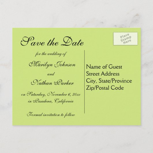 黒と梨の緑のスクロール日付はがきを保存 案内ポストカード (裏面)