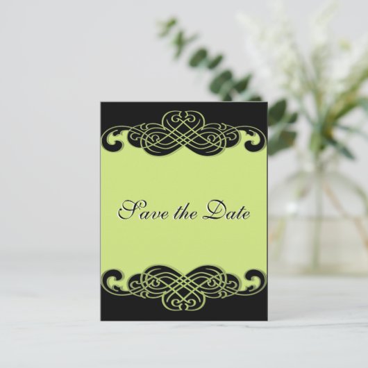 黒と梨の緑のスクロール日付はがきを保存 案内ポストカード (スタンド正面)