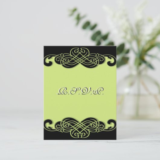 黒と梨の緑のスクロールRSVPカード 出欠カード (スタンド正面)