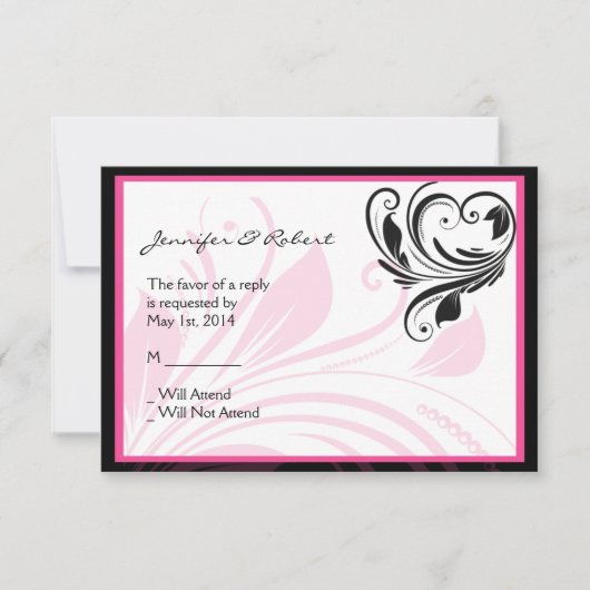 黒と濃いピンクのフローラスクロール応答カード 出欠カード (正面)