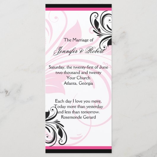 黒と濃いピンクのフローラスクロール結婚式 プログラム (正面)