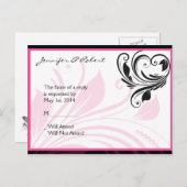 黒と濃いピンクのフローラスクロールRSVPポストカード インビテーションポストカード (正面/裏面)