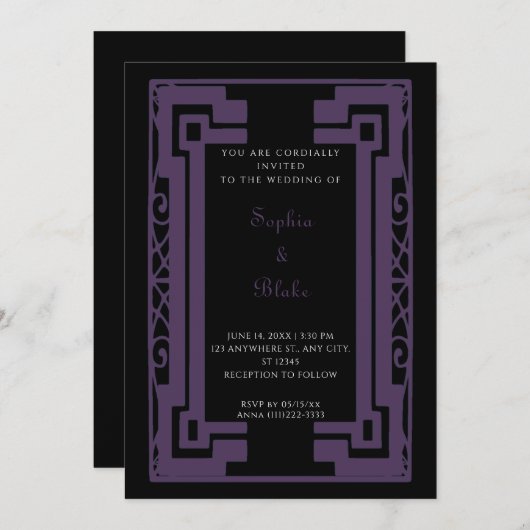 黒と濃い紫のヴィンテージアールデコ 招待状 (正面/裏面)
