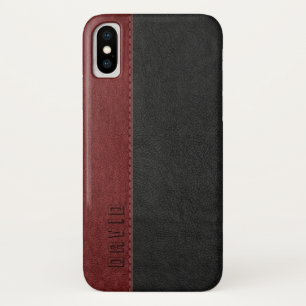 黒と濃い赤のヴィンテージレザーフェイクテクスチャ iPhone X ケース
