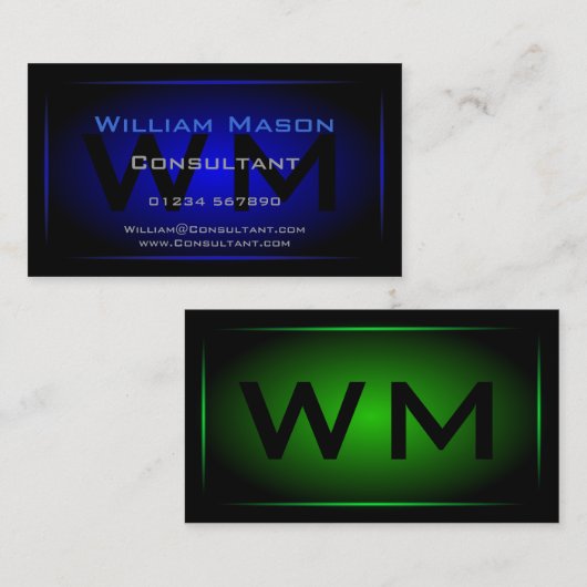 黒と濃い青の枠モノグラム – 名刺 (正面/裏面)