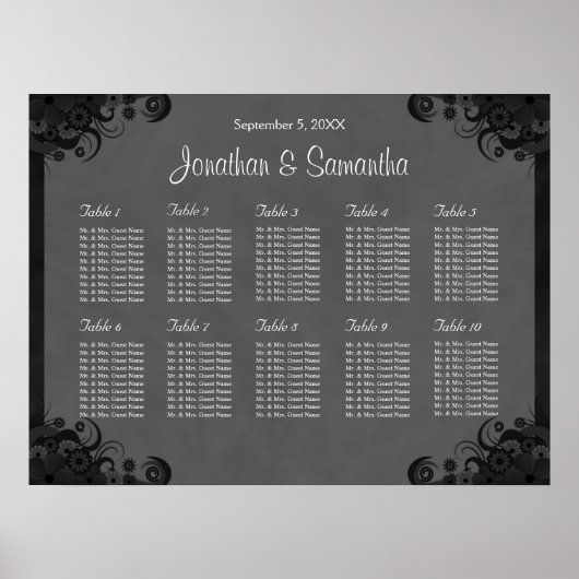 黒と灰色のゴシック結婚の10テーブルの座席表 ポスター (正面)