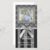 黒と灰色のダマスク銀のリボンフォトカード シーズンカード (正面/裏面)