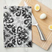 黒と灰色のダマビクトリアンスクの装飾 キッチンタオル (四つ折り)