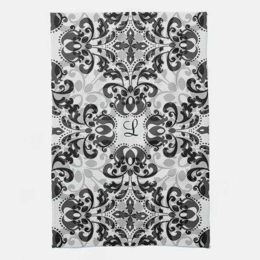 黒と灰色のダマビクトリアンスクの装飾 キッチンタオル (縦)