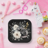 黒と灰色のバラと離れ金ゴールド ペーパープレート (パーティー)