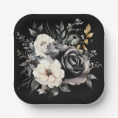 黒と灰色のバラと離れ金ゴールド ペーパープレート (正面)