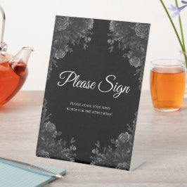 黒と灰色のバラ結婚ゴシックのゲストブックサイン 台座サイン