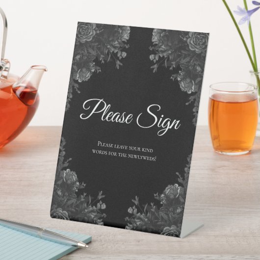 黒と灰色のバラ結婚ゴシックのゲストブックサイン 台座サイン (インサイチュ)