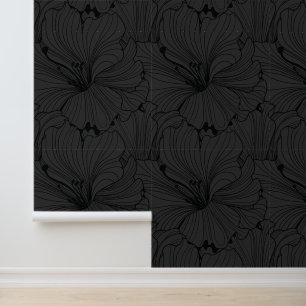 黒と灰色のフローラタイルパターン 壁紙