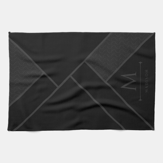 黒と灰色のモダン幾何学的な波状曲線 キッチンタオル (横)