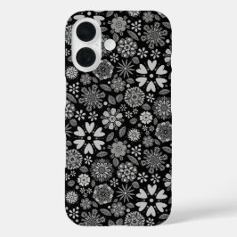 黒と灰色のレトロフラワーパターン iPhone 16ケース