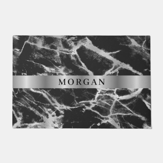 黒と灰色の大理石、シルバーバンドの名前 ドアマット (正面)