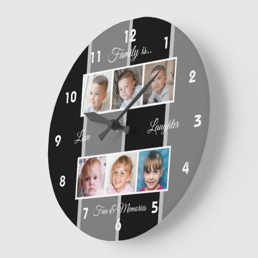 黒と灰色の家族の写真 ラージ壁時計 (傾斜)
